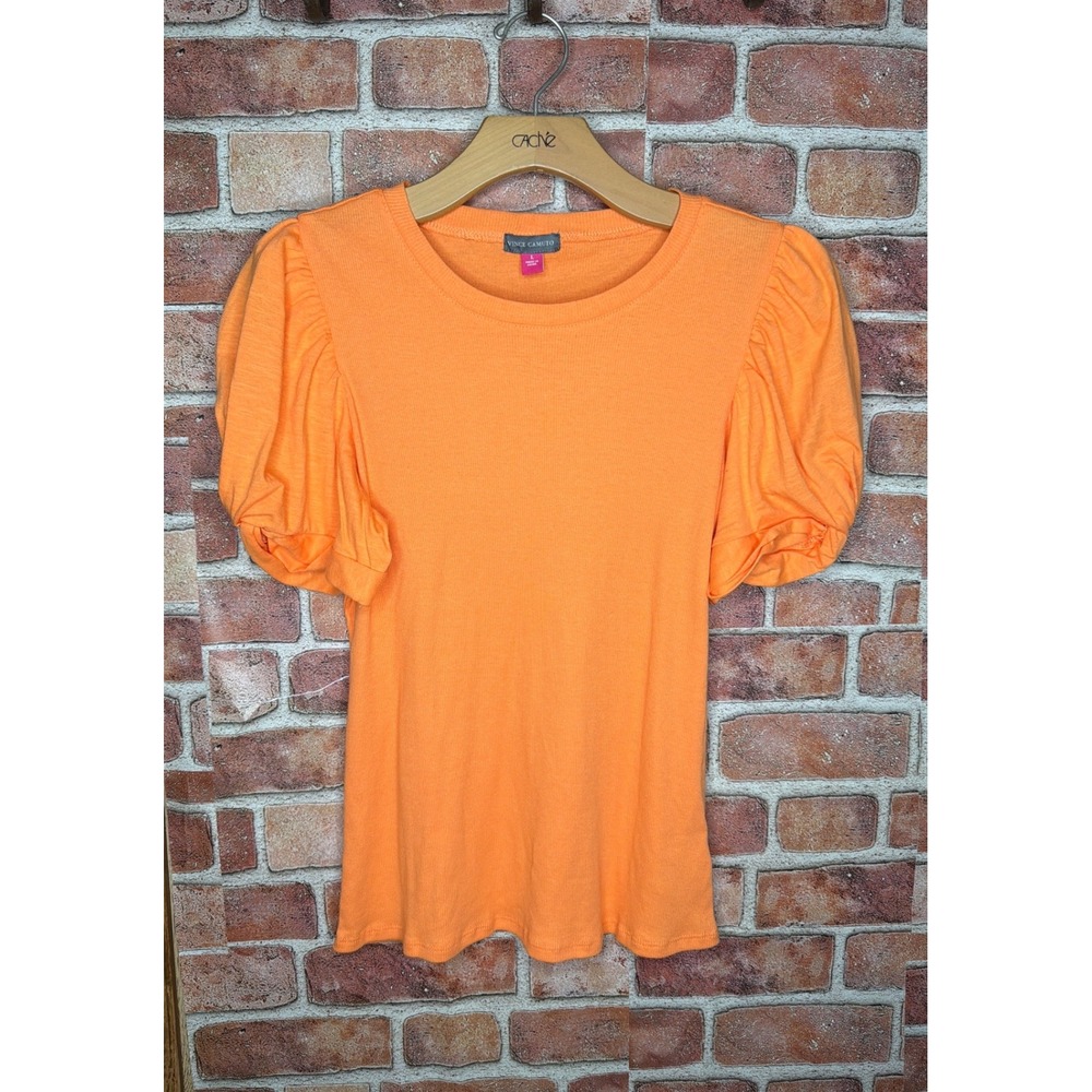 Vince Camuto Womens Orange Ribbed Knit Puff Sleeve Top Crew Neck Size L Balloon‎